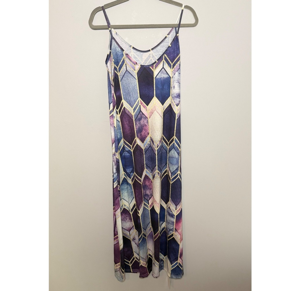 Floral Blooming Purple Cream Geometric Print V Neck Dress L